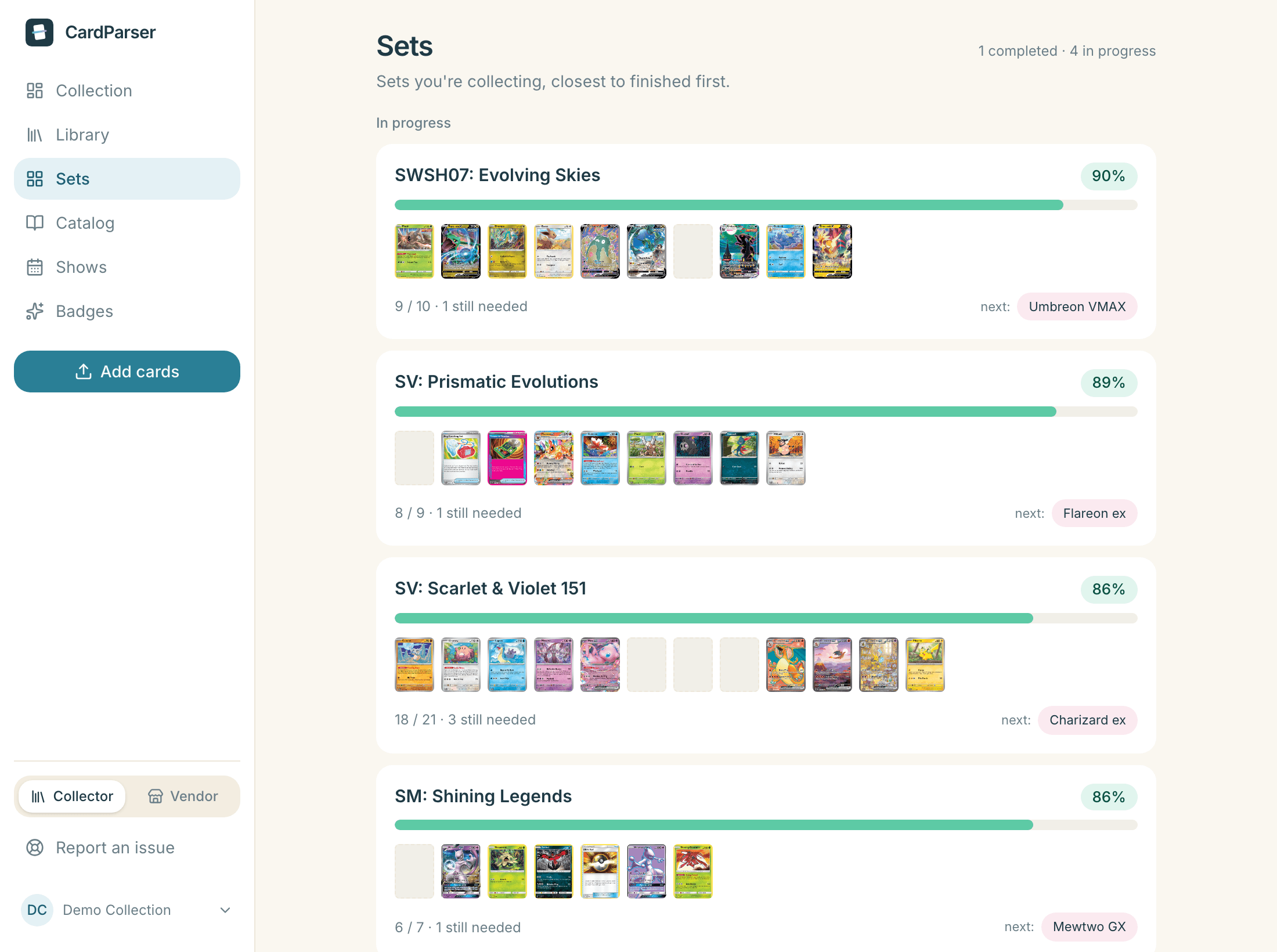 The Sets page in collector mode: four sets being collected, each with a completion percentage, a progress bar, thumbnails of the cards owned with gaps where cards are missing, and the next card still needed.