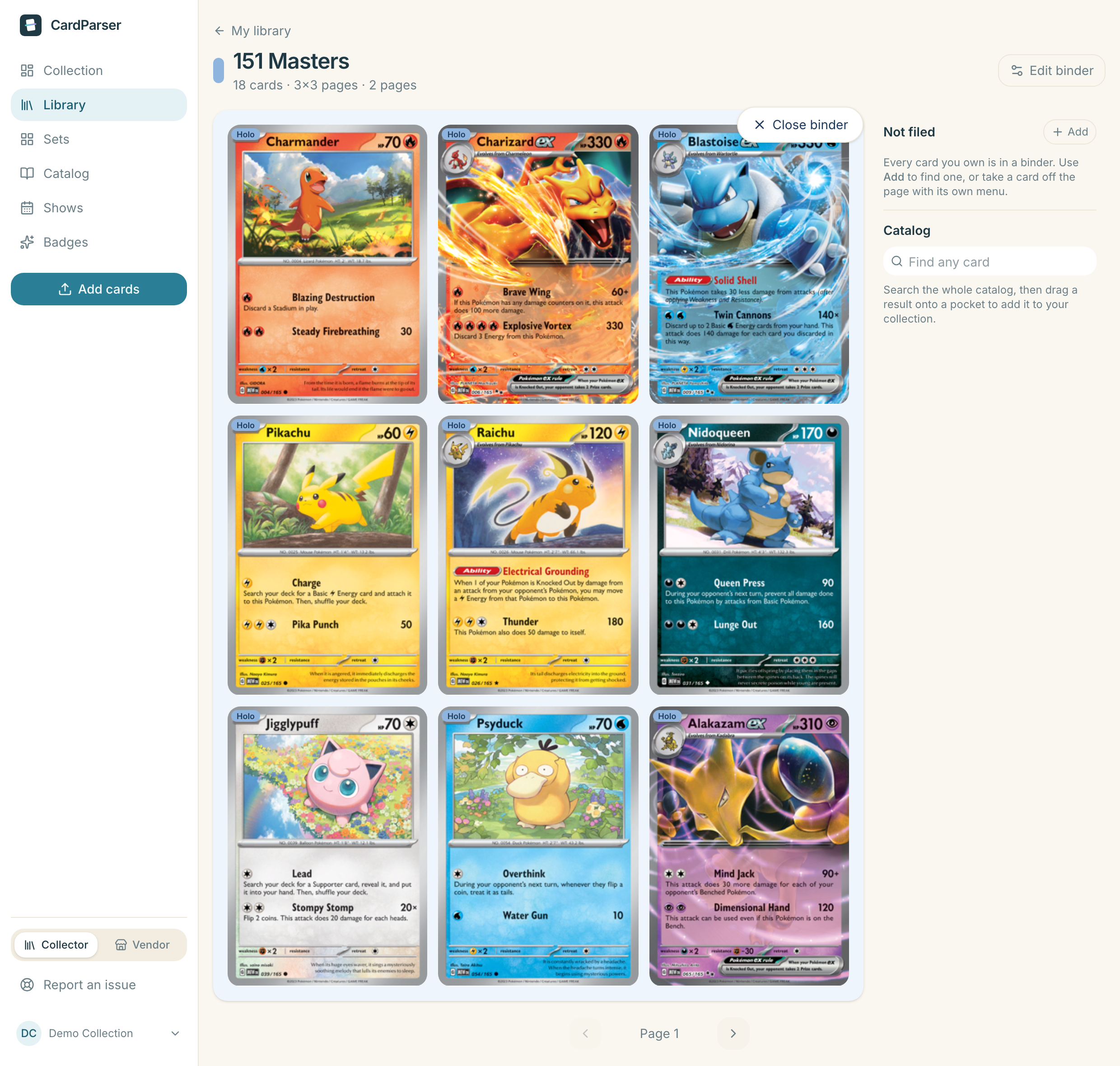 An open binder named 151 Masters in collector mode, showing a full nine-pocket page of Pokémon card art — Charmander, Charizard ex, Blastoise ex, Pikachu, Raichu, Nidoqueen, Jigglypuff, Psyduck and Alakazam ex — with a panel beside it for filing more cards.