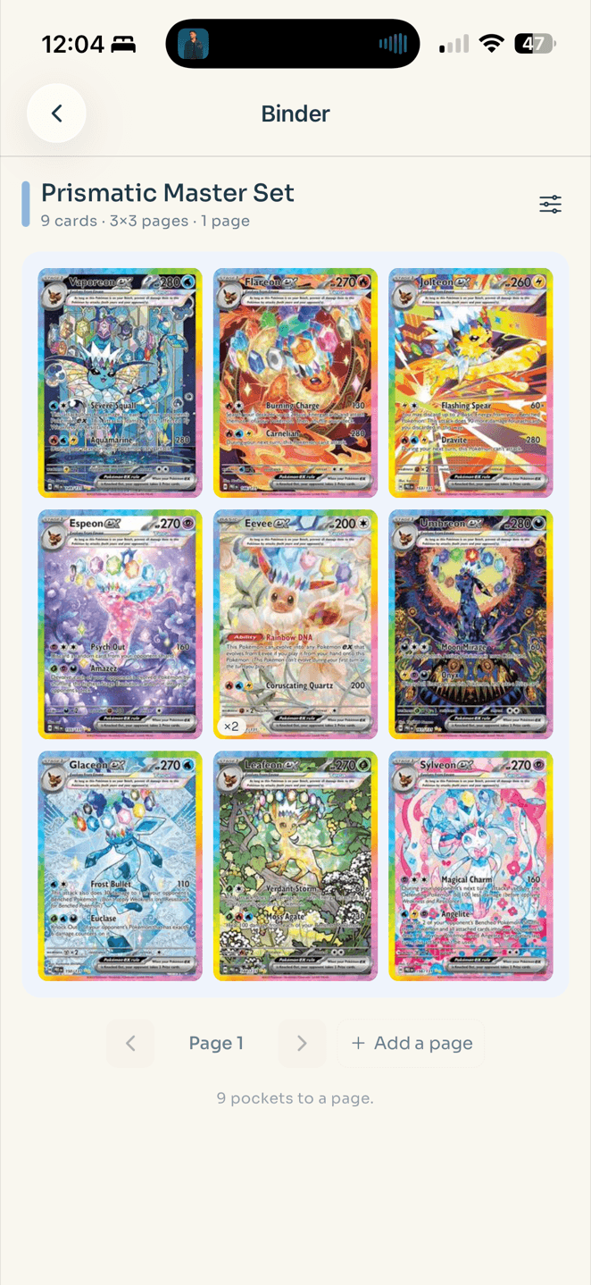 A binder open on a phone: 'Prismatic Master Set, 9 cards, 3x3 pages, 1 page', with a full nine-pocket page of Eeveelution ex cards — Vaporeon, Flareon, Jolteon, Espeon, Eevee, Umbreon, Glaceon, Leafeon and Sylveon — and a control to add a page.