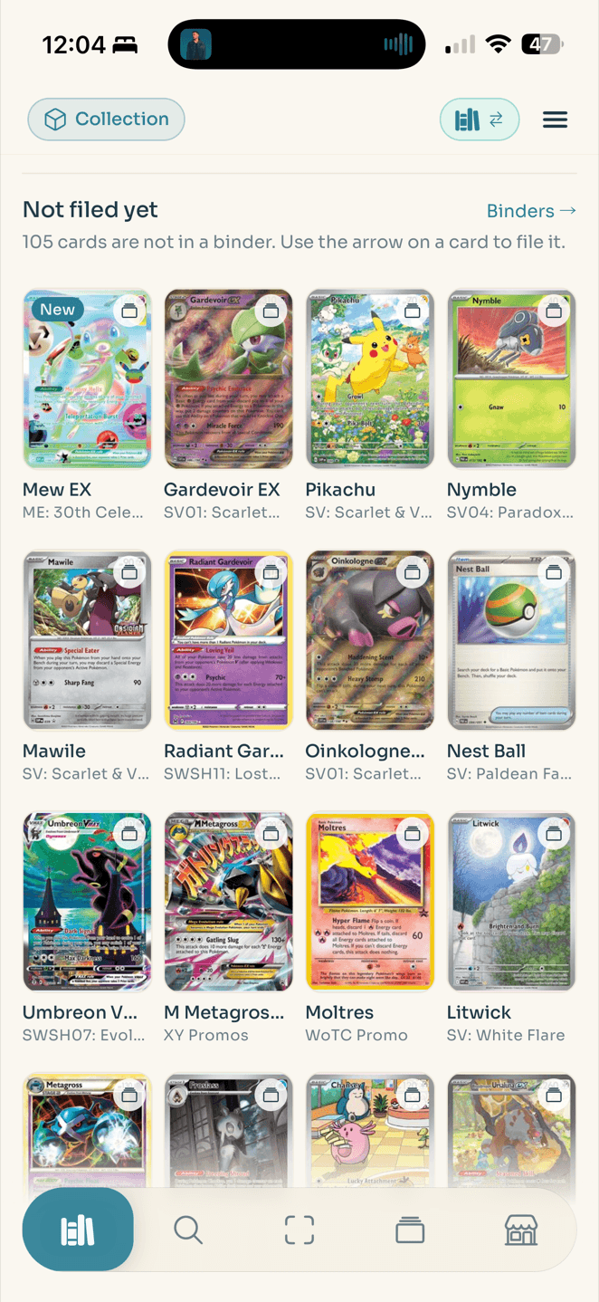 The unfiled pile on a phone: 'Not filed yet — 105 cards are not in a binder. Use the arrow on a card to file it.', then a grid of card art with names and sets, each carrying a button to file it into a binder.